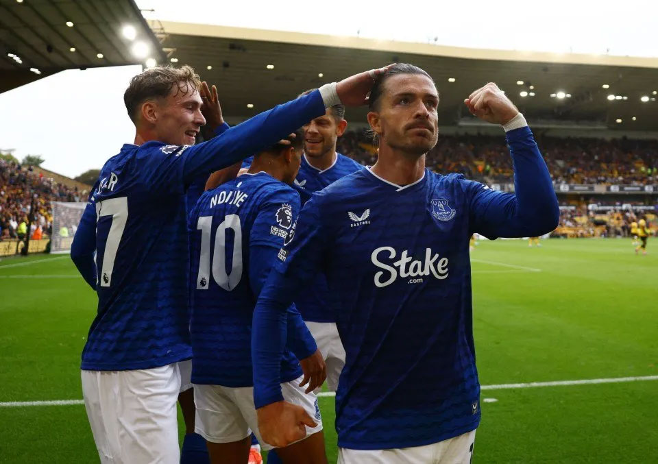 Jack Grealish celebrates Everton's third goal at Molineux