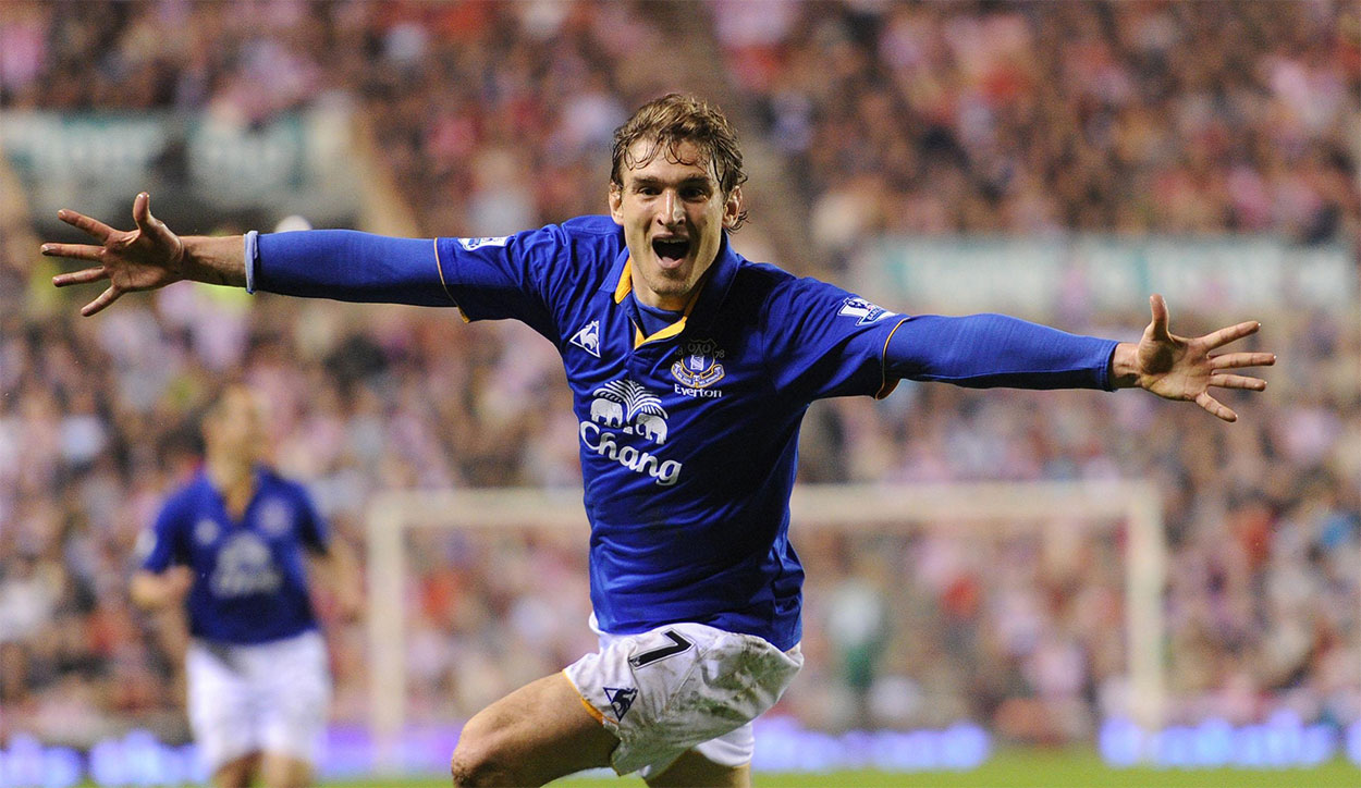 Nikica Jelavic celebrates scoring for Everton